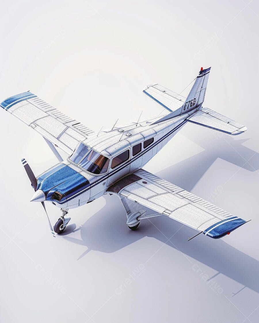 Avião monomotor prateado e azul em estúdio fundo branco