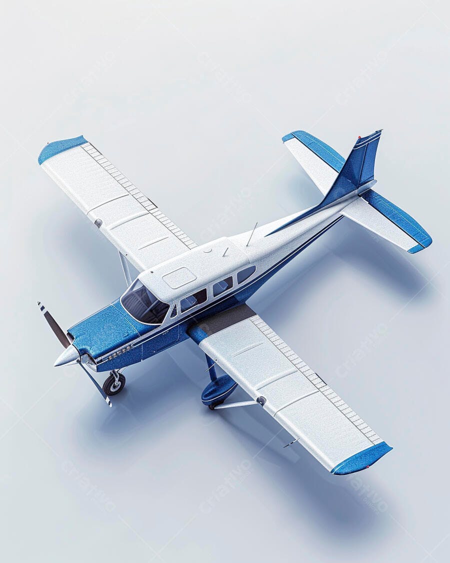 Avião monomotor branco e azul moderno em fundo de estúdio minimalista