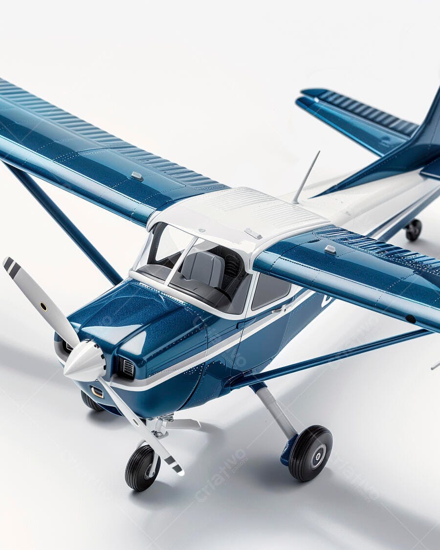 Modelo de avião monomotor azul metálico sobre fundo branco