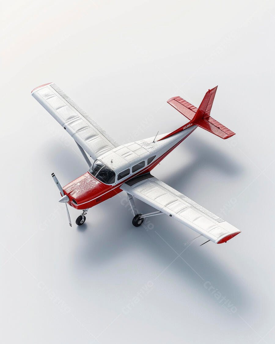 Avião monomotor vermelho e branco em estúdio com hélice frontal