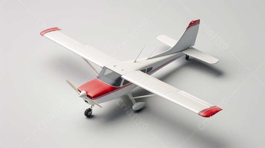 Avião monomotor branco e vermelho em estúdio cinza claro