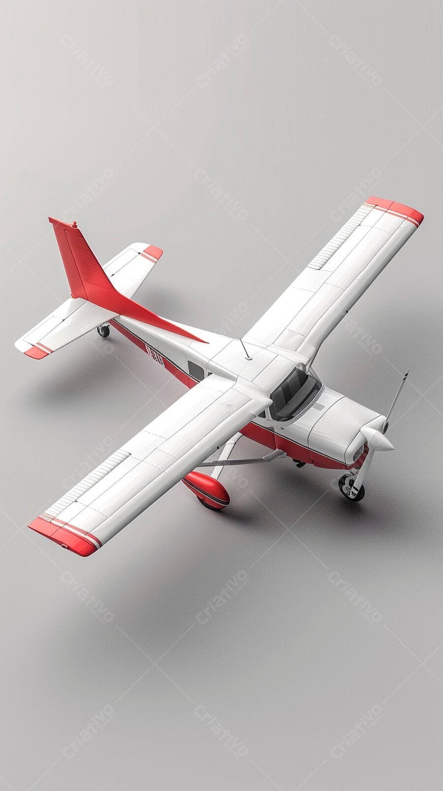 Avião monomotor branco e vermelho vista superior em estúdio cinza