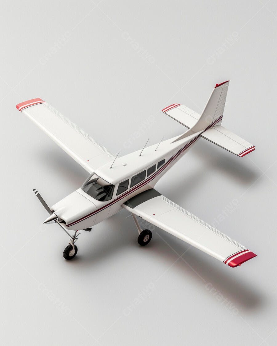 Avião monomotor branco com listras vermelhas em estúdio minimalista
