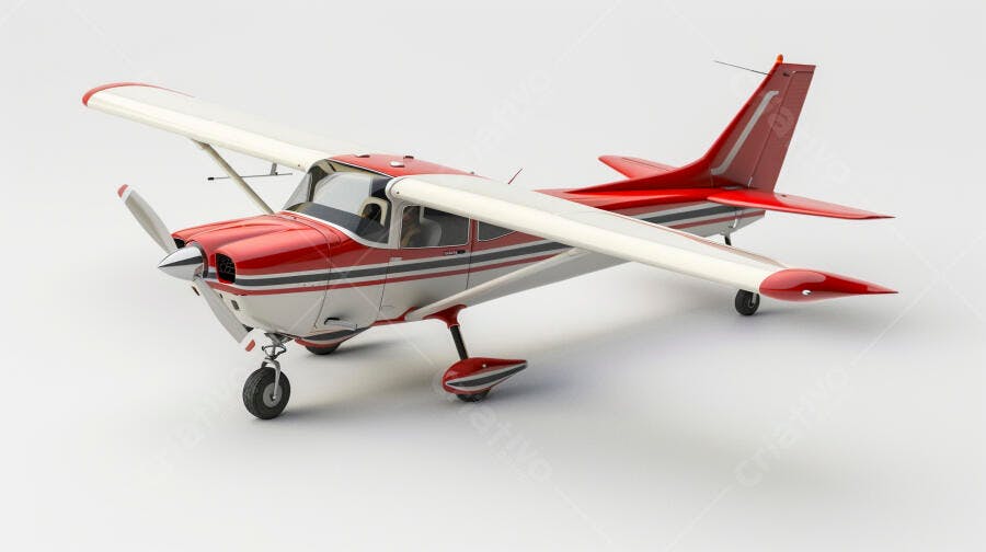 Avião monomotor vermelho e branco detalhado em estúdio claro