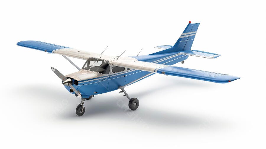 Avião monomotor azul e branco com hélice em estúdio