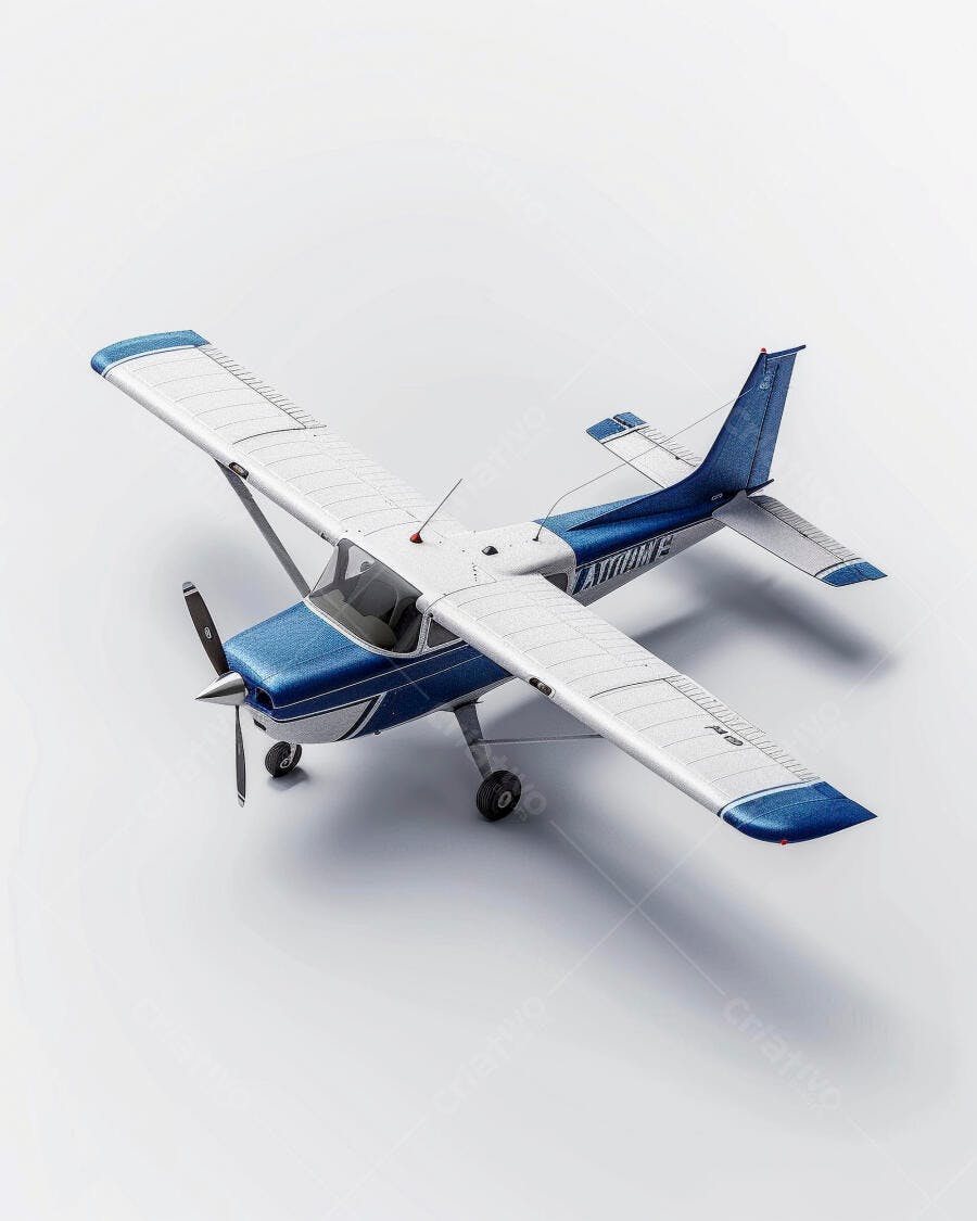 Avião monomotor branco e azul sobre fundo branco limpo