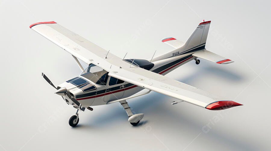 Avião monomotor branco e vermelho em estúdio com hélice frontal