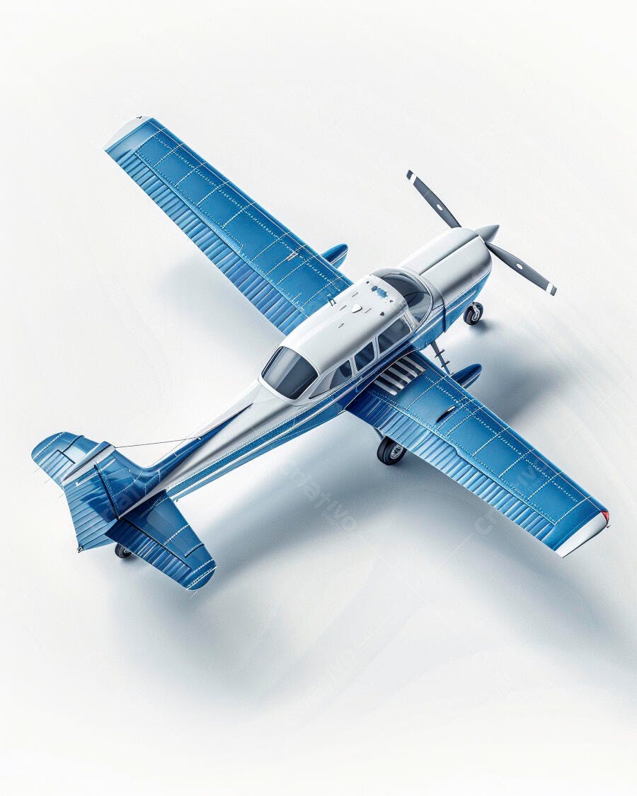 Avião monomotor azul e prata em fundo branco vista aérea