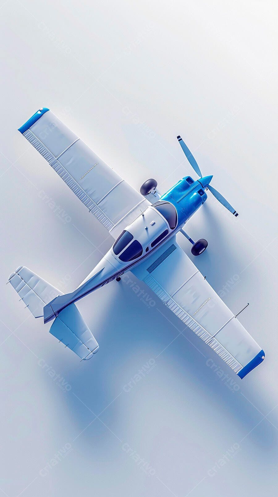 Avião monomotor branco e azul visto de cima em fundo claro