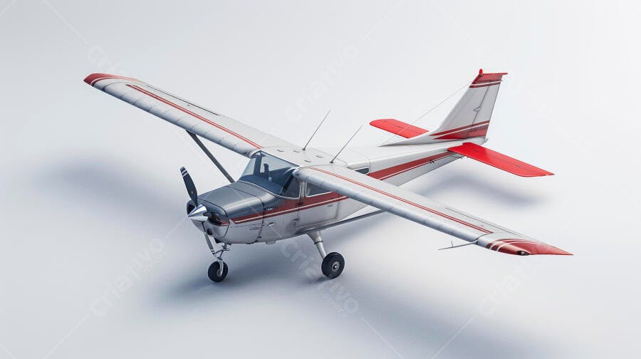 Avião monomotor branco e vermelho em estúdio isolado