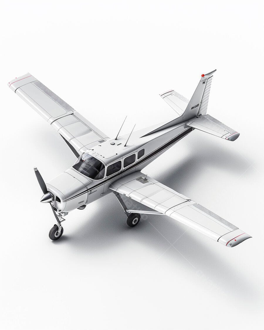 Avião monomotor prateado com listras pretas em estúdio branco