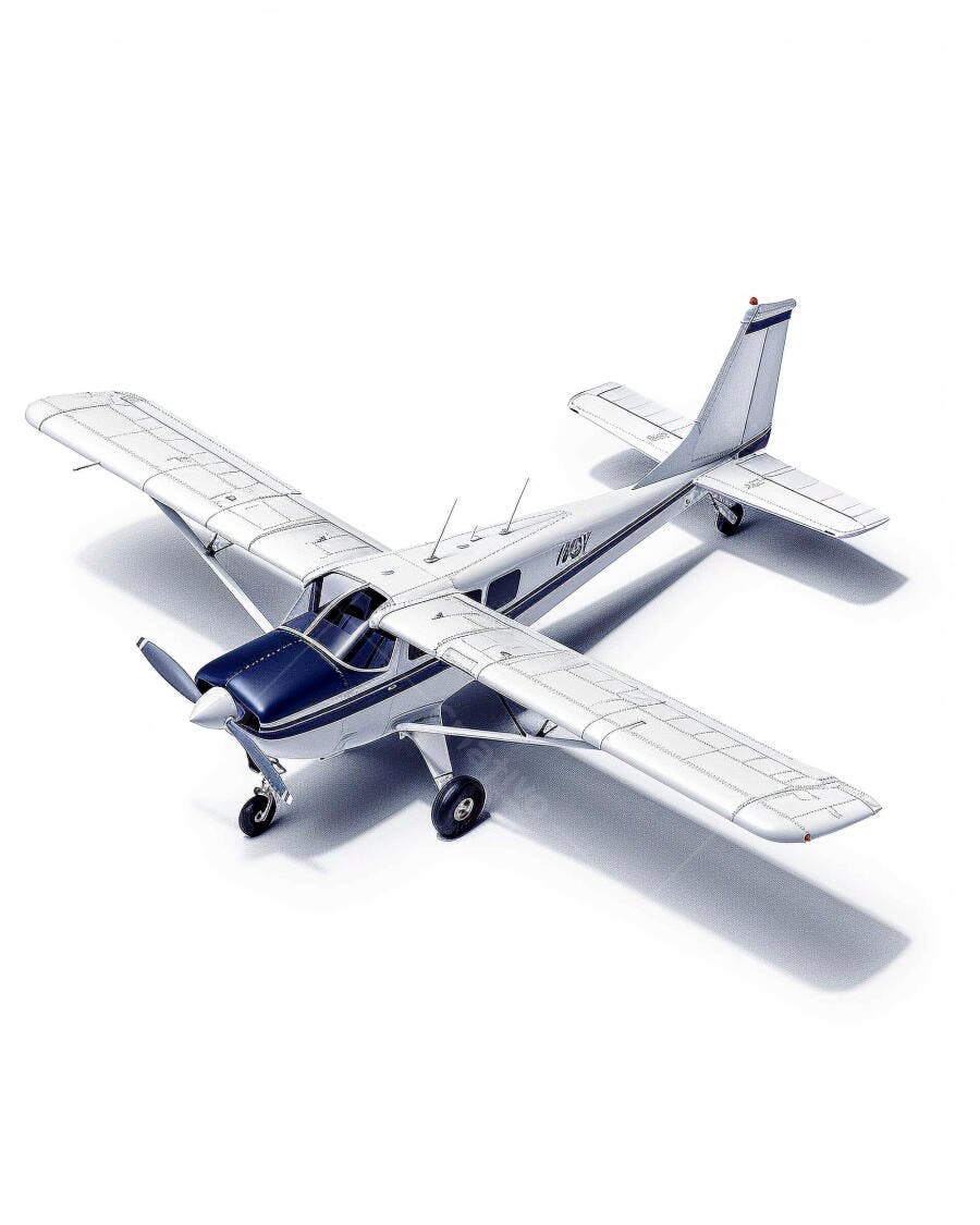 Avião monomotor branco e azul com hélice em estúdio fundo branco