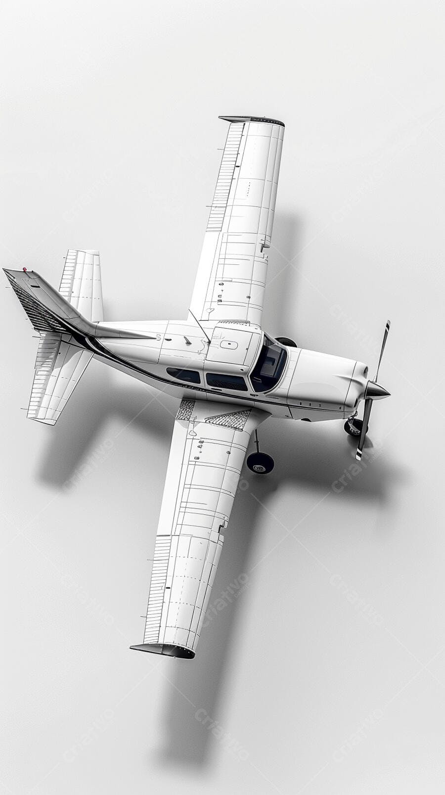 Avião monomotor branco a hélice vista de cima em fundo claro