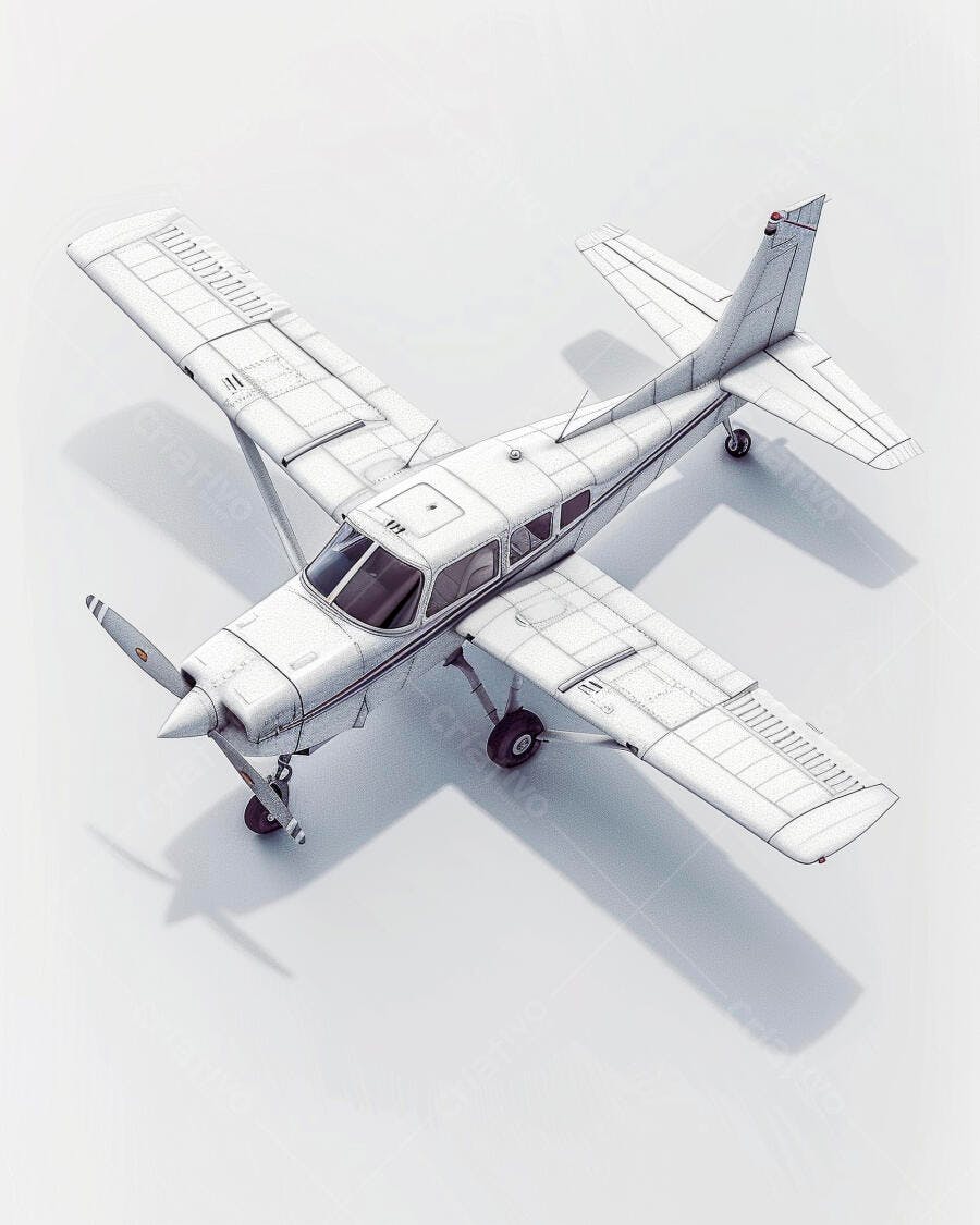 Avião pequeno monomotor branco com hélice em fundo claro vista superior