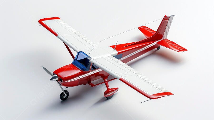 Avião monomotor vermelho e branco em estúdio com hélice frontal