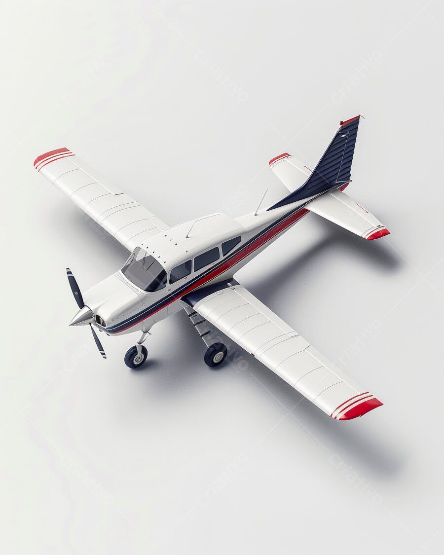 Avião monomotor modelo branco com detalhes vermelhos e azuis