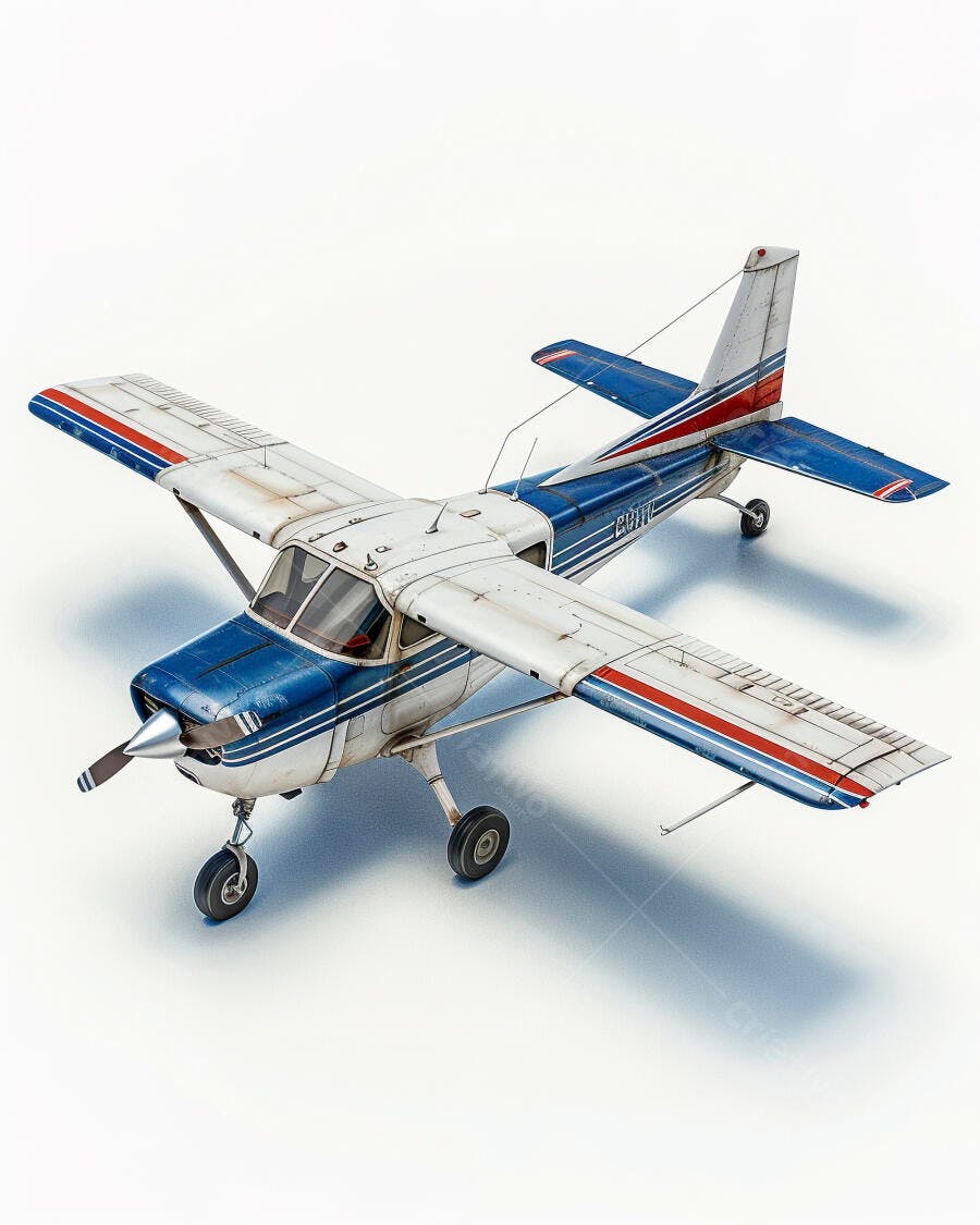 Avião monomotor azul branco e vermelho modelo detalhado em fundo isolado
