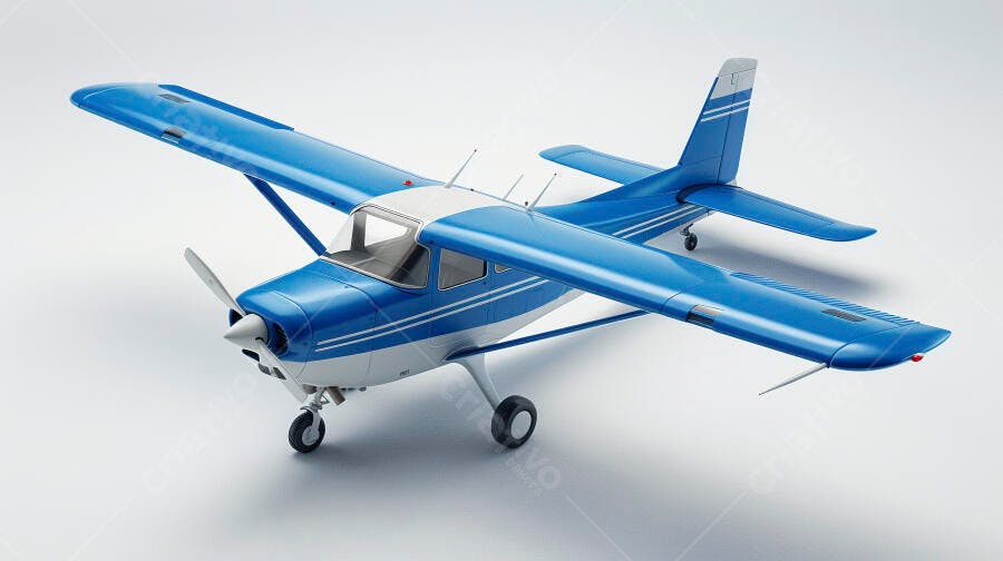Avião monomotor azul e branco em estúdio fundo claro