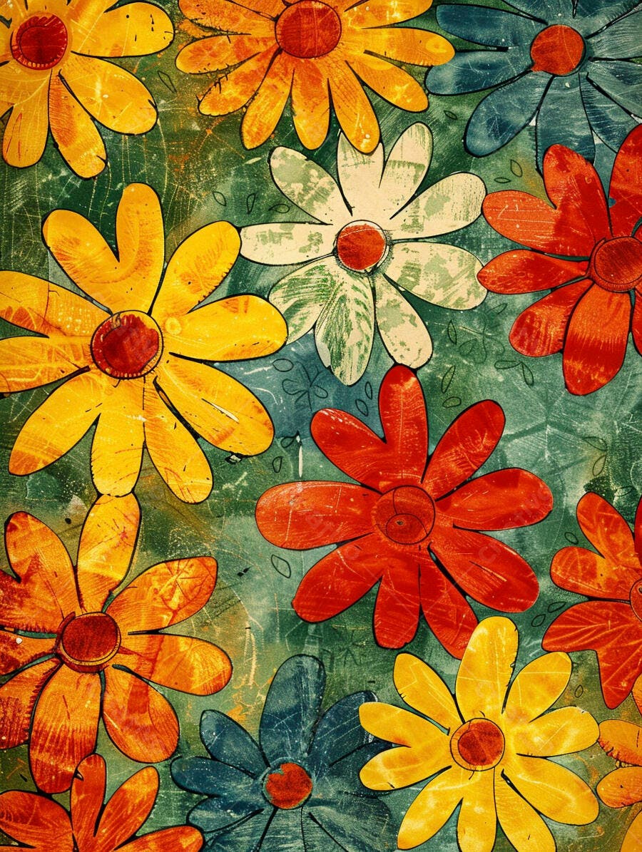 Flores coloridas estilo retrô em fundo verde texturizado