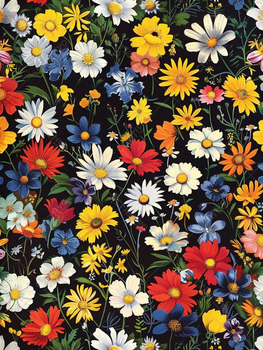 Padrão floral colorido vibrante com margaridas e flores diversas em fundo preto