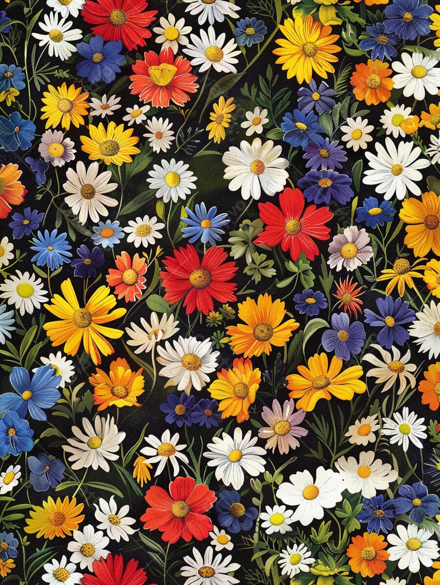 Padrão de flores coloridas com margaridas vermelho amarelo azul e fundo preto