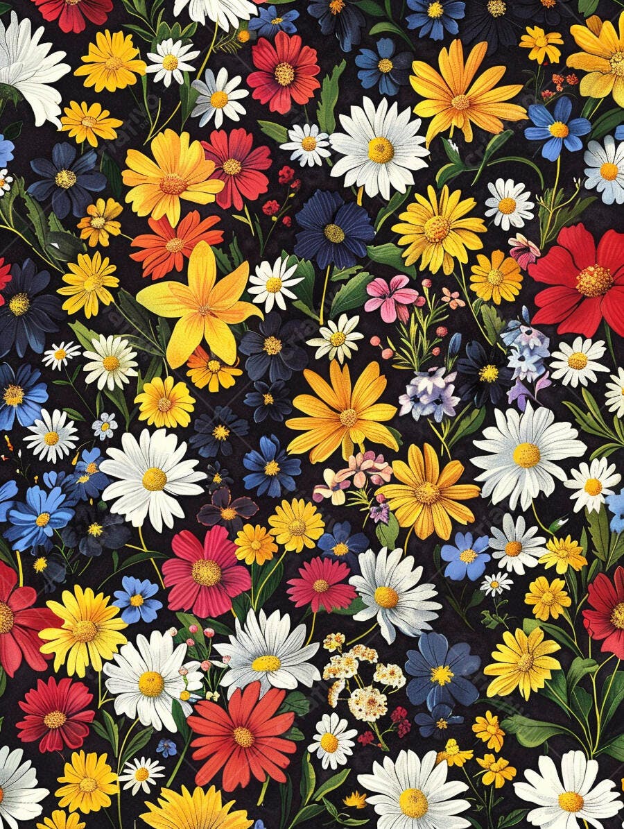 Padrão de flores coloridas vibrantes em fundo preto