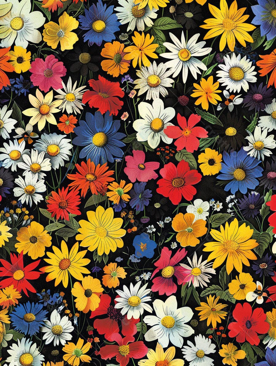 Flores coloridas vibrantes em padrão floral escuro estilo vintage