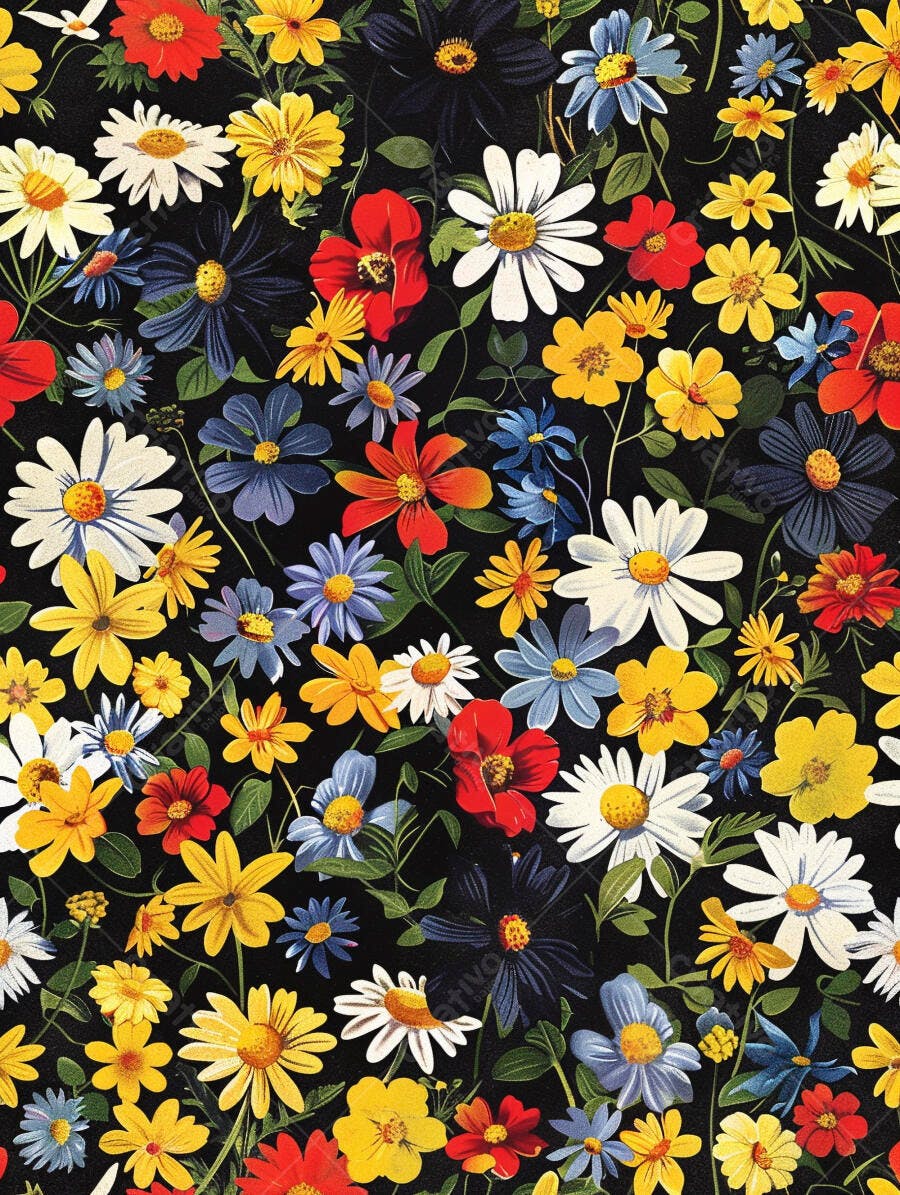Flores coloridas vibrantes em fundo preto padrão floral