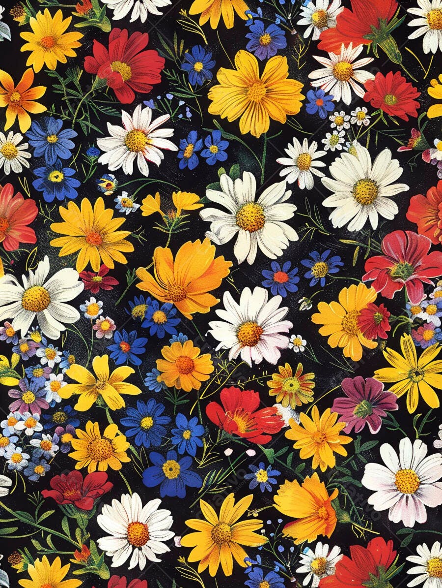 Flores coloridas vermelhas amarelas azuis brancas padrão floral vibrante em fundo preto
