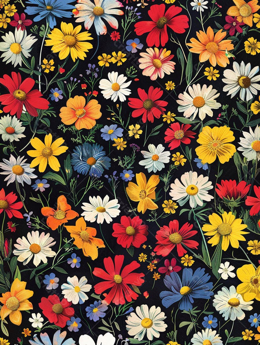 Padrão floral colorido com flores diversas e fundo escuro