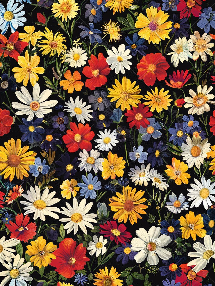 Flores coloridas padrão vibrante em fundo escuro estilo vintage