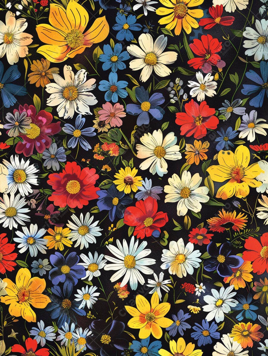Padrão floral vibrante com flores coloridas em fundo preto escuro