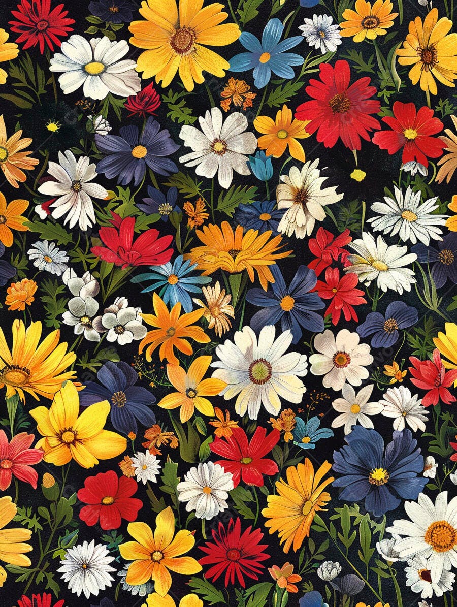 Flores vibrantes em padrão botânico colorido sobre fundo escuro
