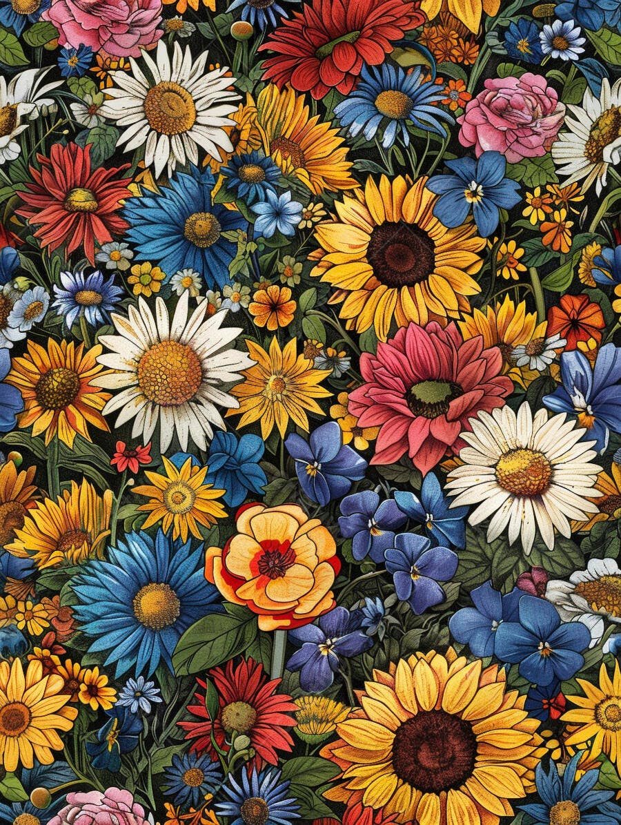 Flores vibrantes campo com girassóis margaridas e flores azuis vermelhas