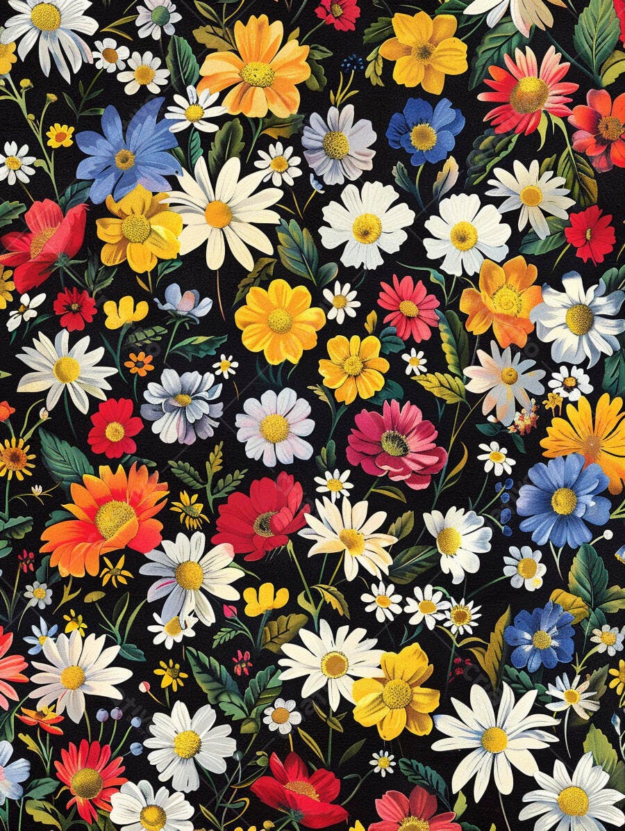 Padrão de flores coloridas vibrantes margaridas e papoulas em fundo preto