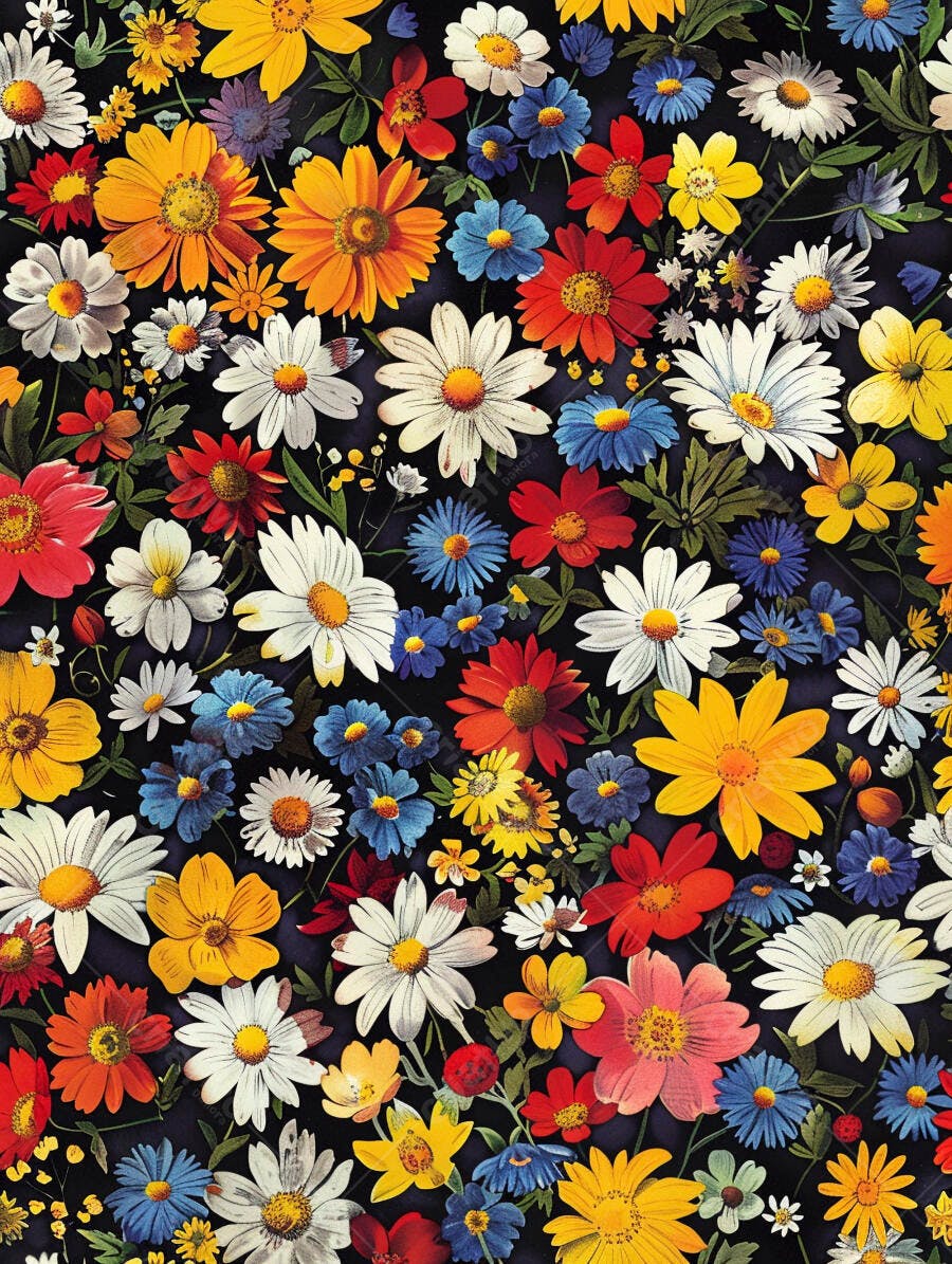 Flores coloridas vibrantes em padrão floral decorativo escuro