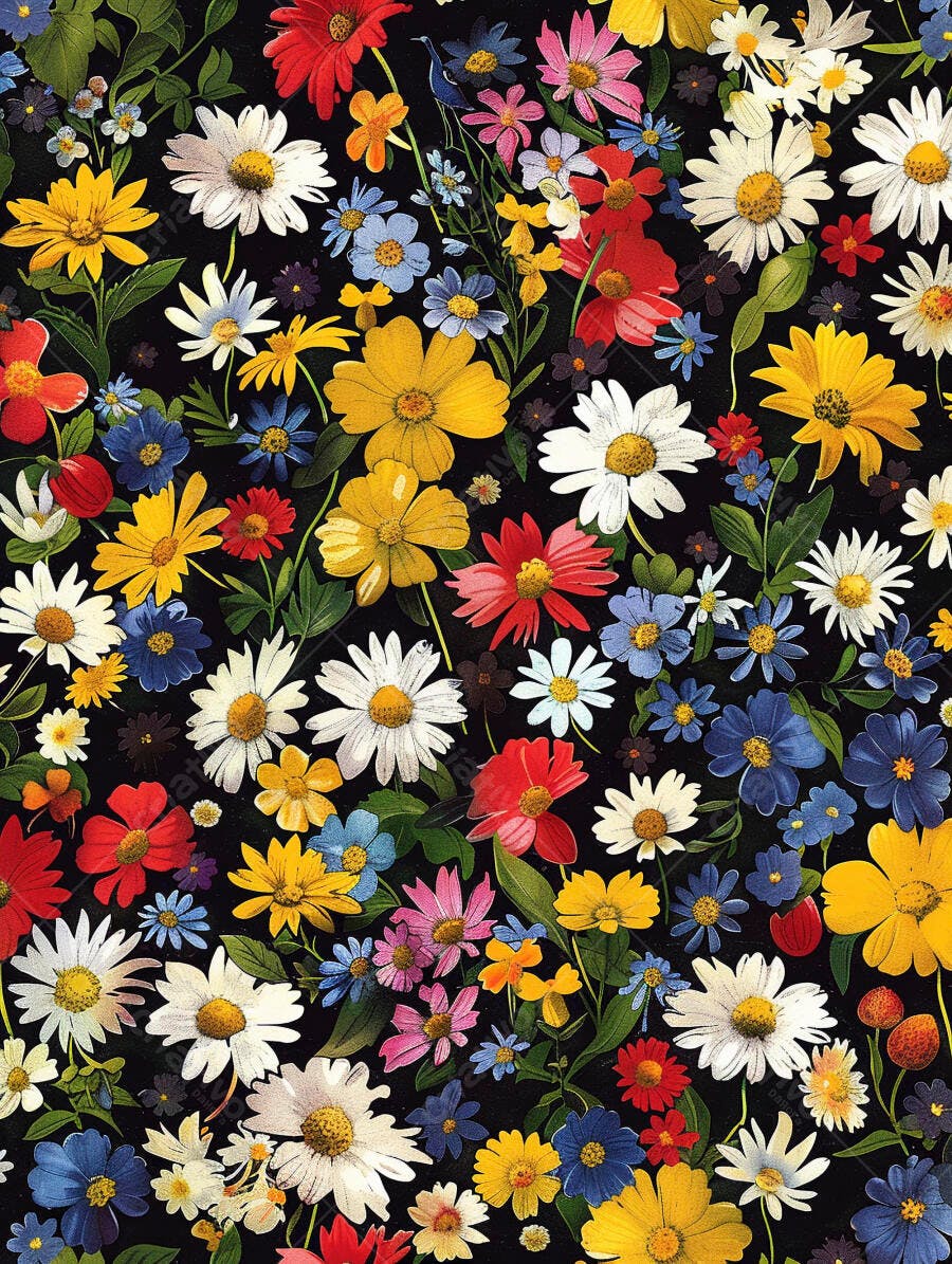 Flores silvestres coloridas vibrantes em fundo preto textura floral
