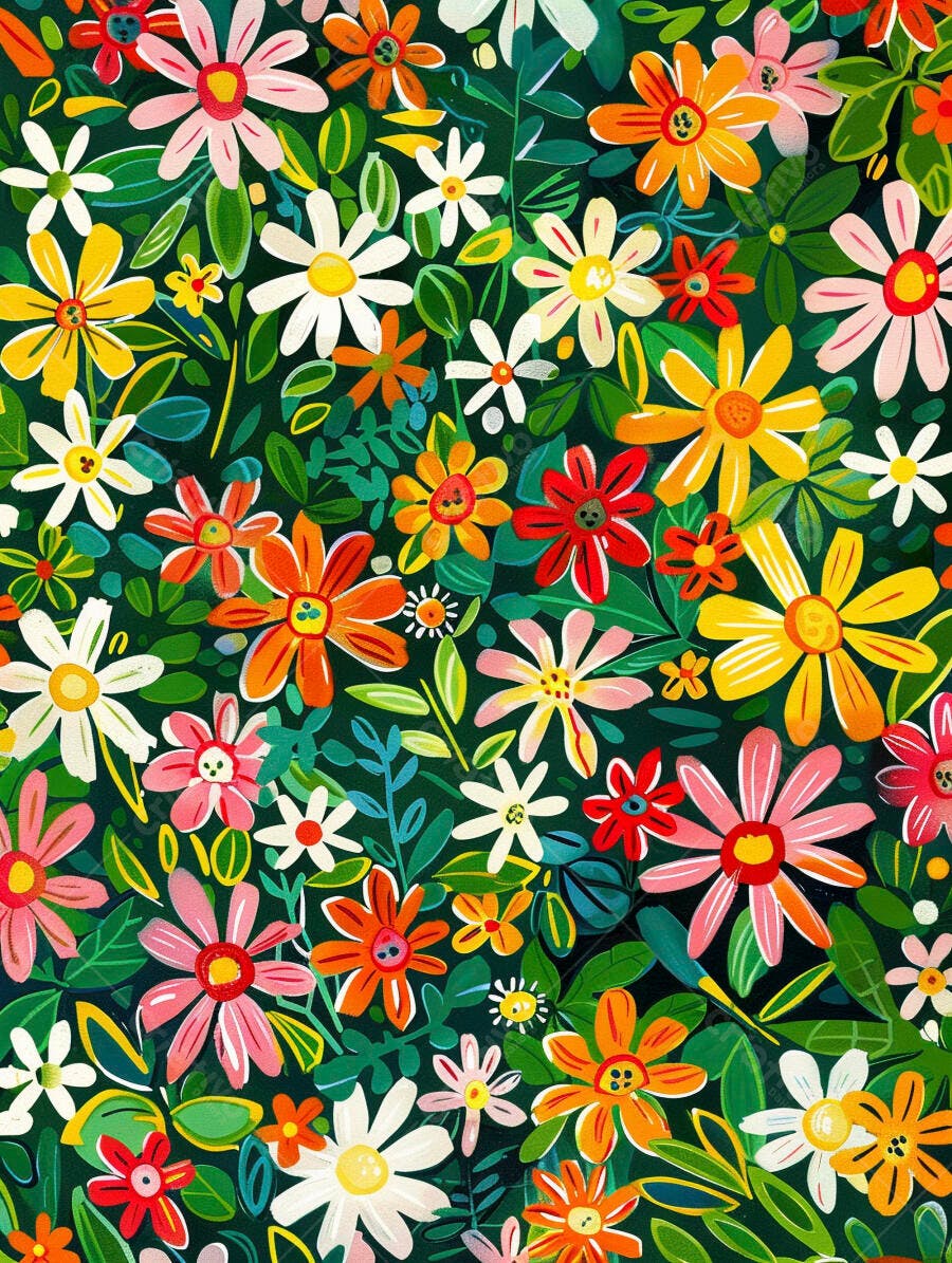Flores coloridas ilustração vibrante padrão floral com folhas verdes escuras