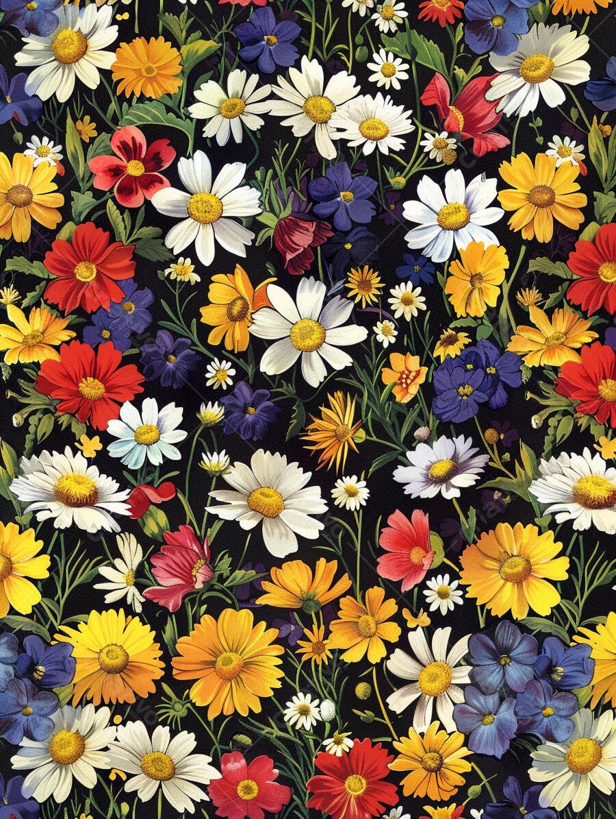 Flores coloridas vibrantes e margaridas em padrão floral com fundo escuro