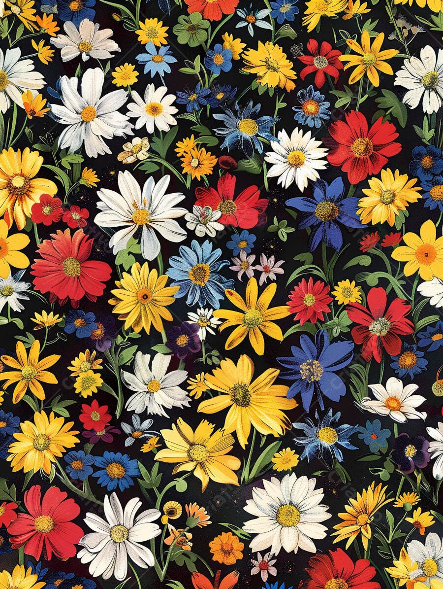 Padrão floral vibrante com margaridas coloridas em fundo escuro