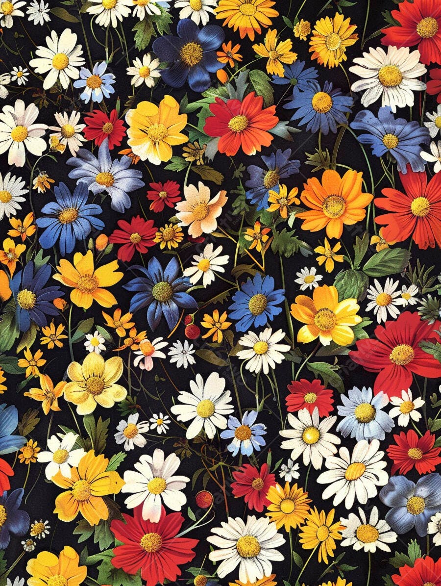 Padrão floral vibrante com margaridas coloridas sobre fundo preto