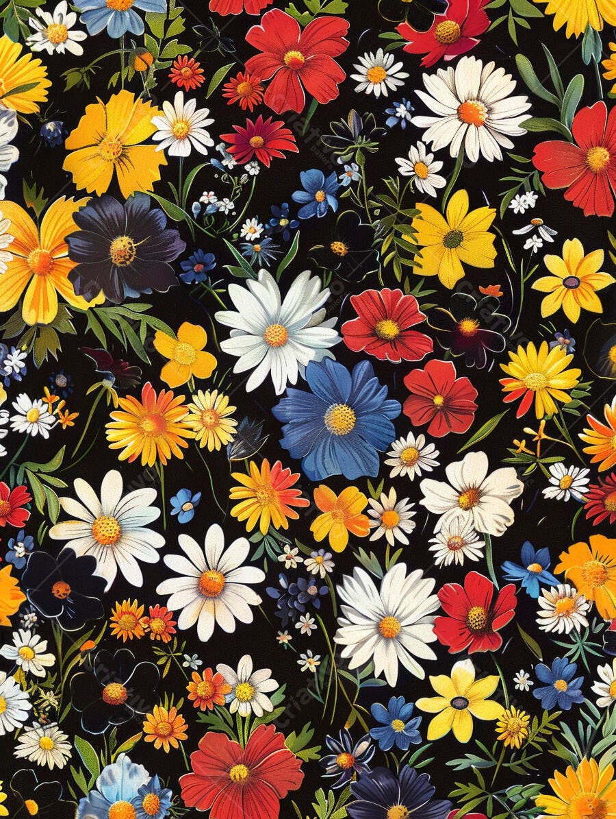 Padrão floral de margaridas e flores coloridas em fundo preto vibrante