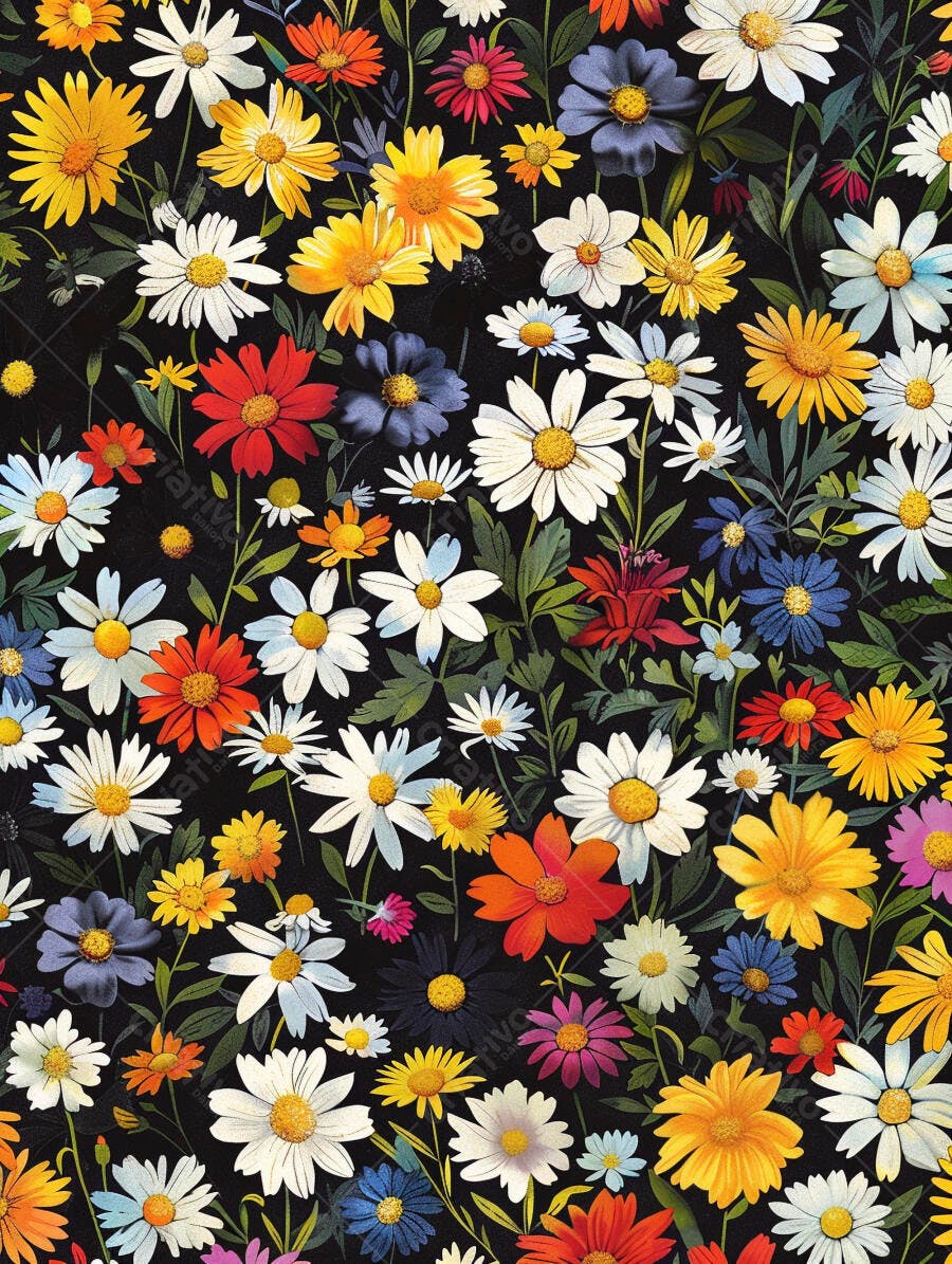 Flores coloridas vibrantes em campo escuro padrão floral sem costura