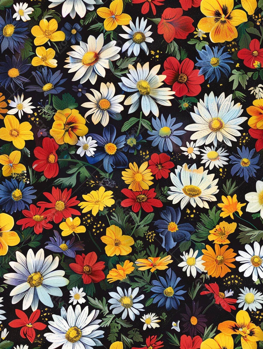 Flores coloridas vibrantes em padrão floral decorativo fundo preto