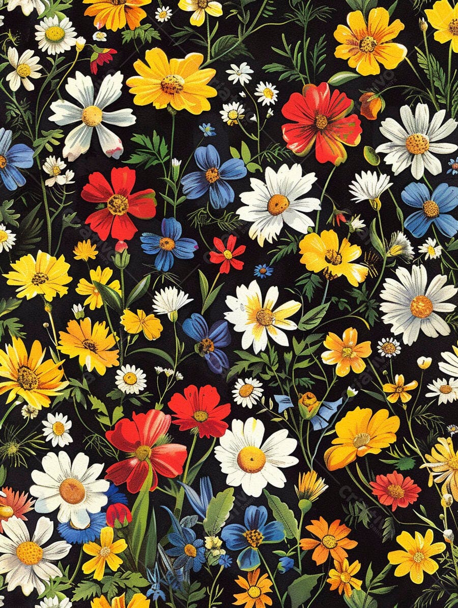 Padrão floral vibrante de flores silvestres coloridas em fundo preto