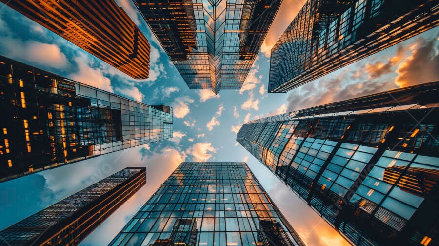 Arranha-céus modernos refletindo céu azul e nuvens douradas ao anoitecer