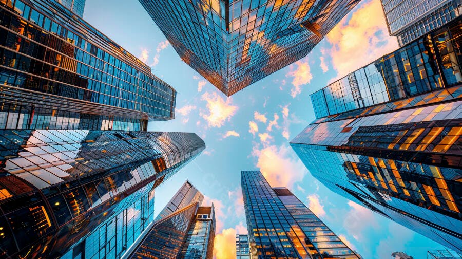 Arranha-céus de vidro com reflexos dourados no céu azul urbano ao anoitecer