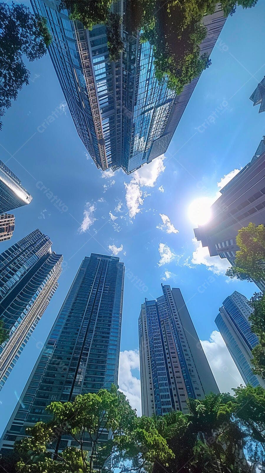 Edifícios modernos com fachadas de vidro azul sob sol forte em dia ensolarado