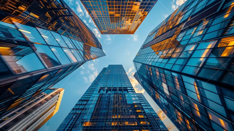 Arranha-céus modernos de vidro refletindo céu azul e luz dourada na cidade