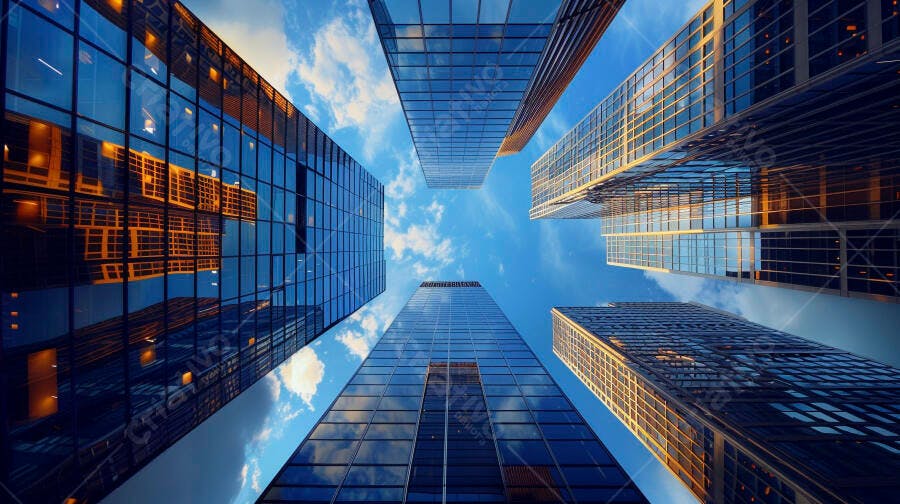 Arranha-céus modernos com vidros azuis e reflexos dourados sob céu azul urbano